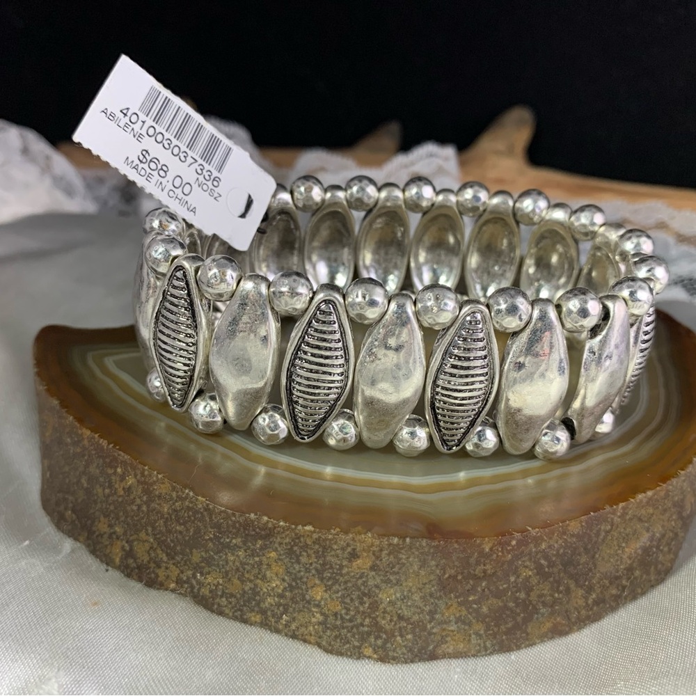 Chico's Silver Hammered Beaded Stretch Bracelet New